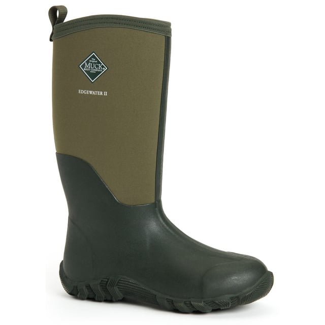 Muck Boots Edgewater II Rubber Moss Wellington Boots The angled topline offers a more comfortable fit around the calf while the extended rubber upper offers additional protection. This boot will be a classic for years to come.
