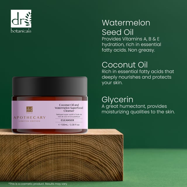 Dr Botanicals Coconut Oil and Watermelon Superfood Cleanser is a refreshing daily cleanser that is rich in antioxidants and natural botanical extracts. It gently cleans and helps prevent imperfections without drying out the skin. Indulge in this clean beauty formula for healthy, glowing skin.