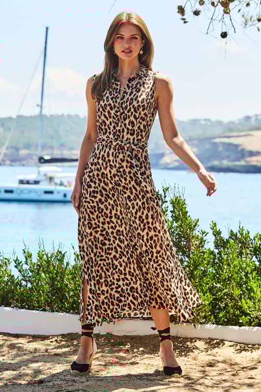 Leopard stripe button front midi dress sales