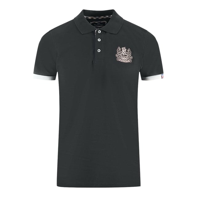Aquascutum Branded Collar Black Polo Shirt. This Aquascutum Brand Logo Polo Shirt is the perfect combination of fashion and function. Its Black hue and brand logo add a distinct touch of modern style to any outfit. Look your best while staying comfortable in this must-have piece.. Embroidered Aldis Branding on The Left Chest, Tipped Sleeves, Aquascutum Branded Collar Black Polo Shirt. 100% Cotton, Regular Fit, Fits True To Size, Button Closure, Union Jack Logo. British Flag Badge On Left Sleeve, Printed Brand Name On Collar When Turned Up, Short Sleeve. Style Code: P00223 99