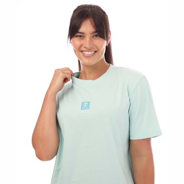 Womens Timberland Stack Logo T-Shirt in light blue.- Crew neck.- Short sleeves.- Printed logo.- Regular fit.- 100% Cotton.- Ref: A5RZXEG8