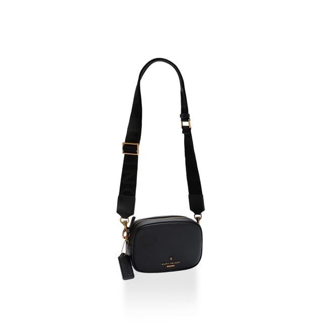 This Kurt Geiger Greenwich Camera bag is crafted from a black Saffiano leather meaning it can withstand scratches and is suitable for regular outdoor use. The front of the bag features antiqued brass branding with micro eagle head emblem and the back has an open pocket. Dimensions: 13cm (H), 20cm (L), 6cm (D). Strap length: 139cm. Woven strap length: 133cm.