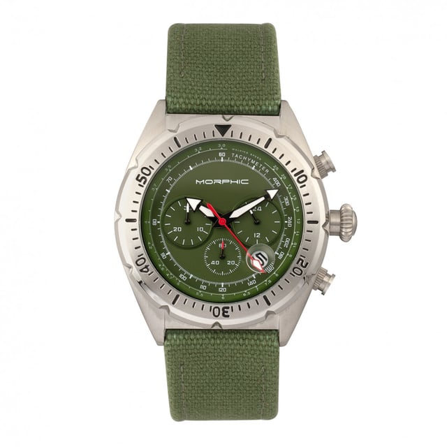 316L Surgical-Quality Stainless Steel Case; Precision Japanese Quartz Movement; Full-Function Chronograph; Built-In Tachymeter; Non-Glare Scratch-Resistant Mineral Crystal; Logo-Engraved Stainless Steel Caseback; Uni-Directional Bezel; Fiber-Weaved Genuine Leather Strap; Logo-Engraved Stainless Steel Clasp; Luminous Hands; Magnified Date Display; 24-Hour Sub-Dial; 45mm Diameter; 5 ATM Water Resistance;