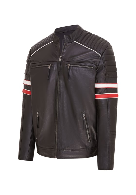 An homage to the racing legends of the Le Mans 50s era, this jacket features two racing bands on each of the sleeves that are the defining feature of this piece. The jacket is crafted with ultra-soft premium nappa leather with quilting around the shoulders which is separated from the upper chest by a white piped boundary, giving this piece a distinctly sporty aesthetic. The jacket interior is lined with a complimenting poplin fabric with integrated compartments to assist the front four zip pockets in providing secure storage. This jacket appears in a classic black colourway and a bold red which is a great choice when going for a more eye-catching look.

• 100% premium ultra-soft nappa leather.

• Two angled waist pockets and two zipped breast pockets

• Racing band features appearing on each sleeve

• Quilting on the shoulders and at the cuffs

• YKK zip fastening

• Short stand collar