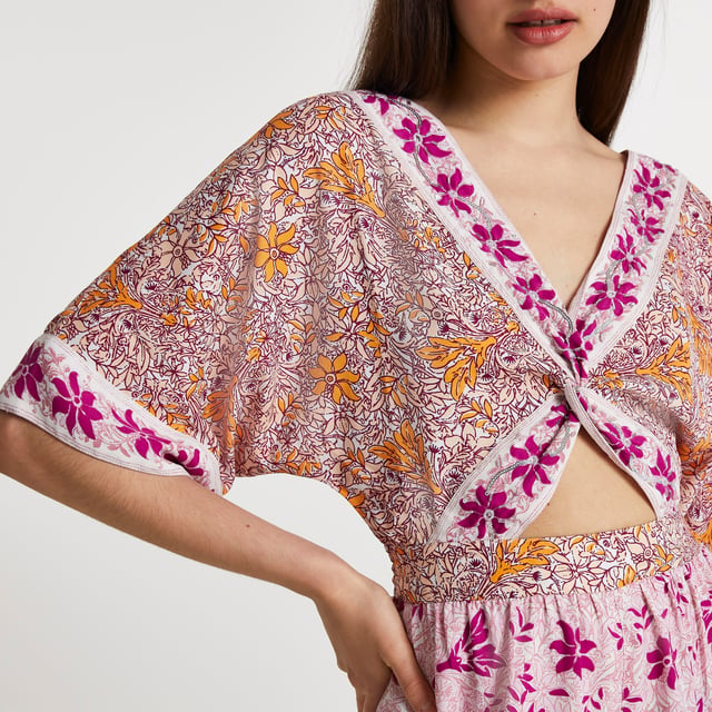 Pink Cut Out Spot Print One Sleeve Playsuit - River