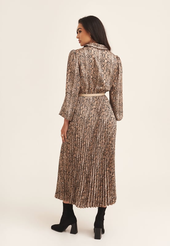 Beige Snake Print Pleated Shirt Dress With Belt
