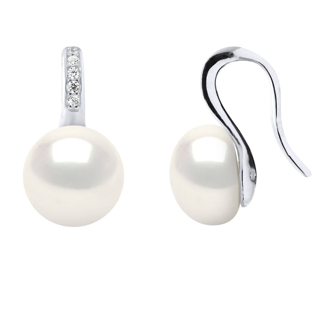 Earrings - Jewelry Silver - Real Cultured Freshwater Pearls Button 9-10 mm - Paving Cubic Zirconia - COLOR NATURAL WHITE - Clasp Clip - Delivered with Certificate of Authenticity and International Guarantee -
