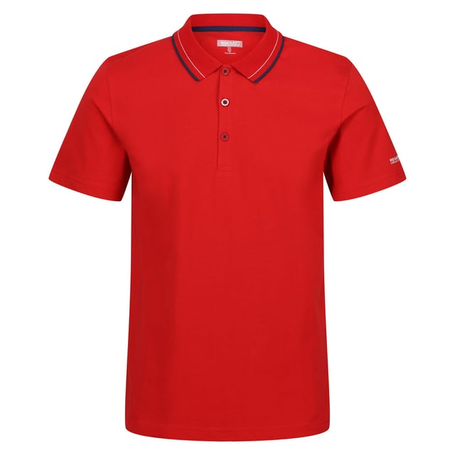 100% Cotton. Fabric: Coolweave. Design: Logo. Fastening: Button. Neckline: Contrast Stripe, Turn Down Collar. Sleeve-Type: Short-Sleeved. Fabric Technology: Breathable. 3 Button Placket. 160gsm. Sustainability: BCI Approved, Sustainable Materials. S: 38 in. M: 40 in. L: 42 in. XL: 44 in. XXL: 48 in. 3XL: 51 in. 4XL: 54 in. 5XL: 57 in.