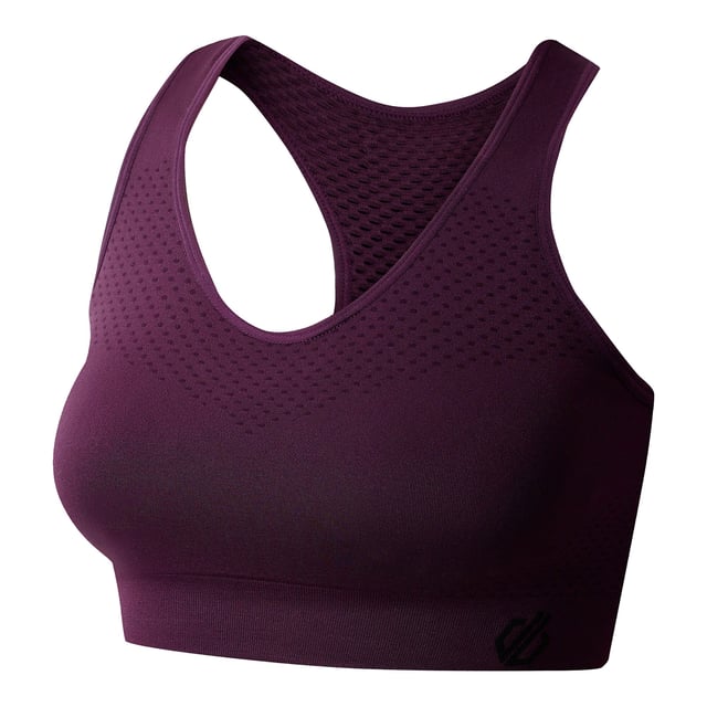 Material: Elastane, Nylon, Polyamide, Polyester. Fabric: Mesh, Q-Wic, Stretch. Design: Logo, Plain. Fabric Technology: Antibacterial, Moisture Wicking, Quick Dry, SeamSmart Technology. Medium Support, Removable Padded Cups, Seamless, Shaped Cups. Back Style: Racerback. Neckline: Scoop. XS: 27 in. S: 29 in. M: 31 in. L: 32 in. XL: 34 in.