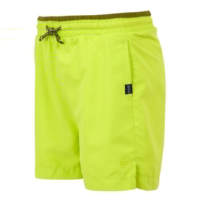 Regatta Childrens/Kids Skander III Plain Swim Shorts (Wild Lime) 100% Recycled Polyester. Fabric: Microfibre. Design: Logo, Plain. Pockets: 2 Side Pockets. Fastening: Pull-On. Fabric Technology: Durable, Lightweight, Quick Dry. Side Slits. Please Note: Ages 5-6 Years And Above Have Inner Mesh Liner. Waistline: Drawcord, Elasticated.