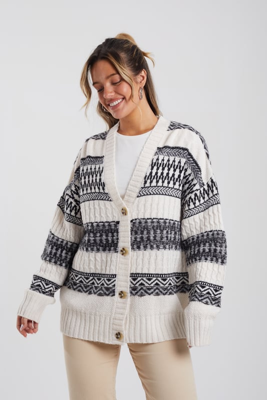 Light Stone Button Through Fairisle Stripe Cardigan