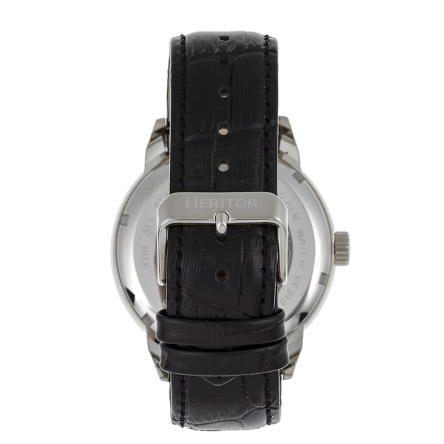 316L Surgical-Quality Stainless Steel Case; Jeweled Automatic Movement; Jewel Bearings: 20 Jewels; 36-Hour Power Reserve; Beats per Hour (BPH): 21600/Hour; Sapphire-Coated Mineral Crystal; Semi-Skeleton Dial; Observation Caseback to view Movement; Genuine Leather Strap; Logo-Engraved Stainless Steel Clasp; Luminous Hands; 45mm Diameter; 5 ATM Water Resistance;