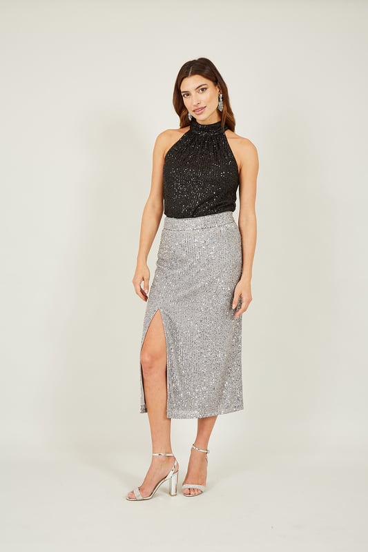 Black Sequin Embellished V-Neck Backless Halter Tank Top main image 1