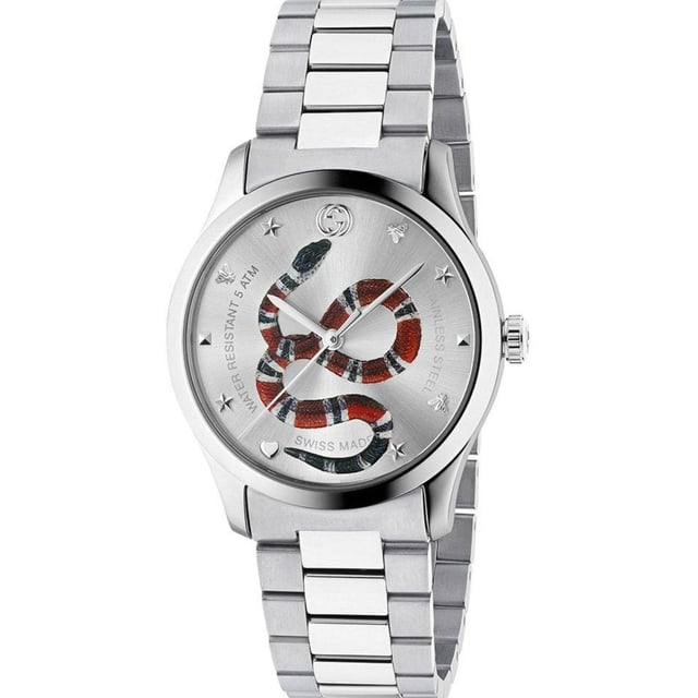 Merk: Gucci (geïmpliceerd)Assortiment: G-TimelessLeverancier Code: YA1264076Horloge uurwerk: QuartzWaterbestendigheid: 50 MeterCase Maat: 38mm (geschikt voor unisex dragen)Kleur wijzerplaat: ZilverMarkeringen: StippenStrap/Finish: Gepolijst roestvrij staal Bandtype: ArmbandSluiting Type: Gesp Type glas: Saffier kristallen glas