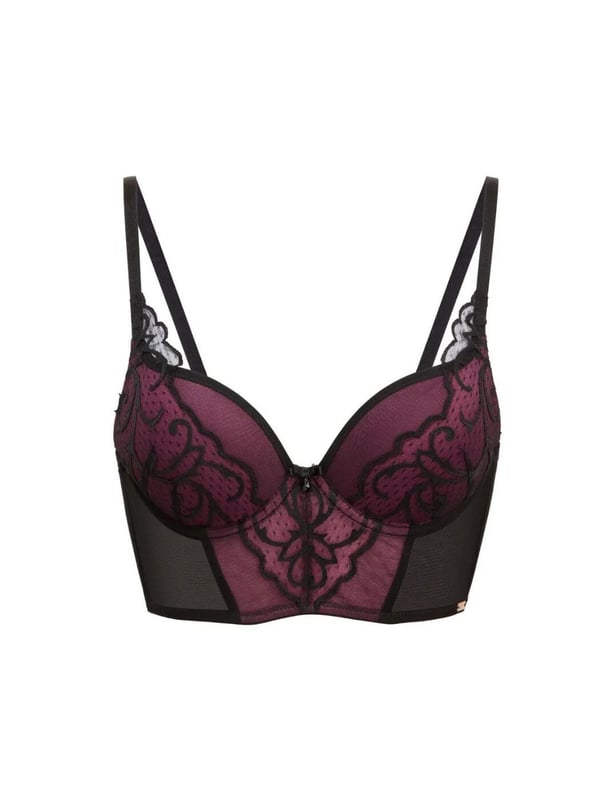 The VIP Indulgence Longline bra by Gossard combines deep and sultry colours with an overlay of contrasting lace creates a seductive design. Feminine embroidered design with semi sheer polka dot lace. Padded cups give an additional boost and while the plunging neckline highlights your curves perfectly. Sheer back and sides with a longline band offer a flattering fit. Subtle detailing such as a satin bow centre of the cups with small jewel and contrasting metal branded tag on the side. Complete your look with a matching suspender belt and briefs. Adjustable straps and hook and eye fastening.  Padded cups, Plunging neckline, Adjustable straps, Satin bow and jewel detail, Embroidered and sheer lace, Flattering long line band, Sultry colours, Composition: 64% Polyester | 25% Polyamide | 11% Elastane, Listed in UK sizes.      Padded Longline Bra