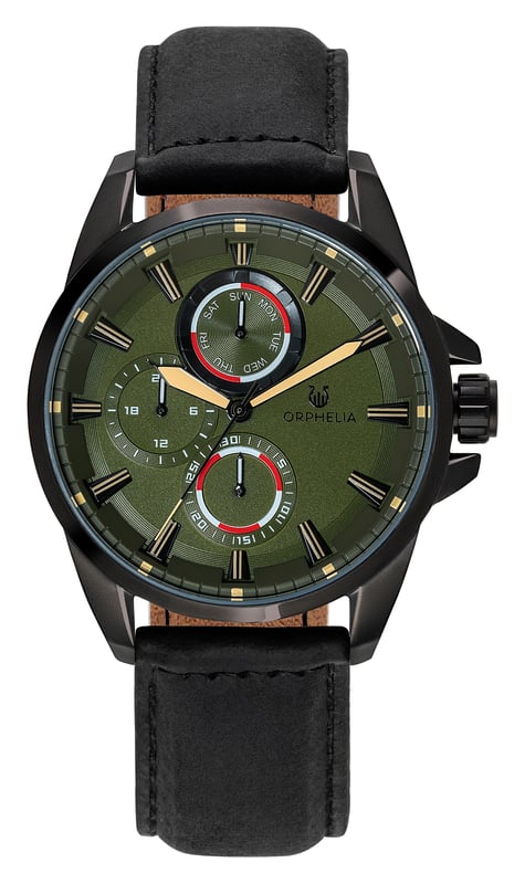 This Orphelia Eddington Multi Dial Watch for Men is the perfect timepiece to wear or to gift. It's Black 44 mm Round case combined with the comfortable Black Genuine Leather watch band will ensure you enjoy this stunning timepiece without any compromise. Operated by a high quality Quartz movement and water resistant to 3 bars, your watch will keep ticking. SOPHISTICATED DESIGN: ORPHELIA Eddington Multi dial watch with a Miyota Quartz movement includes a Date and 24-hour display and has an expensive leather strap. This watch features Luminous Hands & Numerals. Wear this Special designed watch daily as a polished yet functional finish PREMIUM QUALITY: By using high-quality materials  Glass: Mineral Glass  Case material: Stainless steel  Bracelet material: Leather - Water resistant: 3 bars COMPACT SIZE: Case diameter: 44 mm  Height: 12 mm  Strap- Length: 22 cm  Width: 20 mm. Due to this practical handy size  the watch is absolutely for everyday use-Weight: 88 g