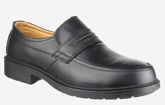 A leather slip on safety shoe with antistatic function, lightweight SRC slip resistant sole.
- Smart black leather safety shoe ideal for industrial office use- Slip-on mono-black shoe crafted with a smooth leather upper- Constructed with single density PU sole offering excellent slip resistance- Mocc front with mid leather overlay detail- Steel toe cap protection against 200 joules impact- Antistatic- Energy absorbing heel- Meets EN ISO 20345:2011 safety footwear standards- Passes SRC slip resistance standards