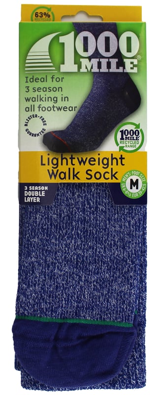 1000 Mile Men's Lightweight Walking SocksIntroducing the 1000 Mile Men's Lightweight Walk Sock: a versatile mid-calf sock ideal for 3 season walking in any boot. This sock features a dual-layer design to optimize moisture management and blister prevention. The inner layer effectively wicks away moisture, while the outer layer moves smoothly with your shoe, minimizing friction and wear. With a unique blend of fibers, including REPREVE® recycled yarns, this sock maintains a comfortable foot temperature. It also offers added support with arch bracing. Available in three size options: 6-8.5UK (EUR 39-42.5), 9-11.1UK (EUR 43-46.5), 12-14UK (EUR 47-49), this sock is crafted with quality materials: 25% REPREVE® Nylon 6, 25% wool, 25% acrylic, 18% nylon, 4% cotton, and 3% elastane for the outer layer, and 100% REPREVE® Nylon 6 for the inner layer. Machine wash at 30 degrees. Avoid bleach and tumble drying. Upgrade your walking experience with the 1000 Mile Men's Lightweight Walk Sock.Extra Product DetailsVersatile mid-calf sock for 3-season walking in any boot.Dual-layer design optimizes moisture management and blister prevention.Inner layer wicks away moisture, outer layer minimizes friction.Unique blend of fibers maintains comfortable foot temperature.Offers added support with arch bracing.Crafted with quality materials including REPREVE® recycled yarns.Available in three size options for a perfect fit.Upgrade your walking experience with this high-quality sock.