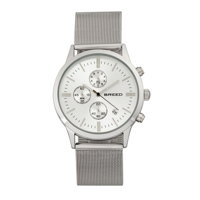 Polished Alloy Case; Precision Japanese Quartz Movement; Full-Function Chronograph; Non-Glare Scratch Resistant Mineral Crystal; Logo-Engraved Stainless Steel Caseback; Alloy Mesh Bracelet ; Logo-Engraved Box With Tongue And Safety Clasp; Luminous Hands; Date Display; 42mm Case Diameter; 5ATM Water Resistance;