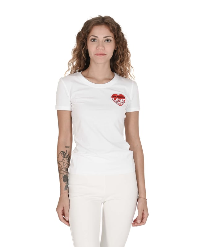 Tシャツ・カットソー LOVE MOSCHINO Woman T-Shirt White W4H6202E1951 A00 LOVE MOSCHINO White Fringe T-shirt Heart Graphic Top