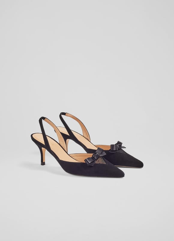 Slingbacks with a dressy, Parisian feel, our Beth heels are perfect for party season. Crafted in Spain from velvety-soft black suede, they have a pointed toe, a sweetheart panel of chic spot mesh and a ribbon bow, elasticated slingback straps and a 70mm stiletto heel. Wear them with the season's party dresses and sharp, sleek tailoring.