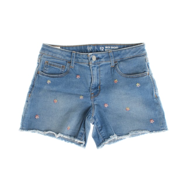 Midi-style shorts made from stretch denim, offering comfort and freedom of movement.

 Features a button front closure (in sizes 4-8, includes a hook and bar under a faux snap for easy dressing) and a zipper fly.

 Its classic five-pocket design is complemented by a frayed hem for a casual touch.

 The medium denim wash is embellished with delicate floral embroidery throughout, adding a fresh, feminine style.
 Composition: 77% Cotton, 21% Polyester, 2% Elastane
 Care:
- Machine wash cold.
 - Use similar colors in the wash.
 - Avoid the use of bleaches.
 - Dry at low temperature in the dryer.
 - Iron at low temperature.
 - Do not dry clean.