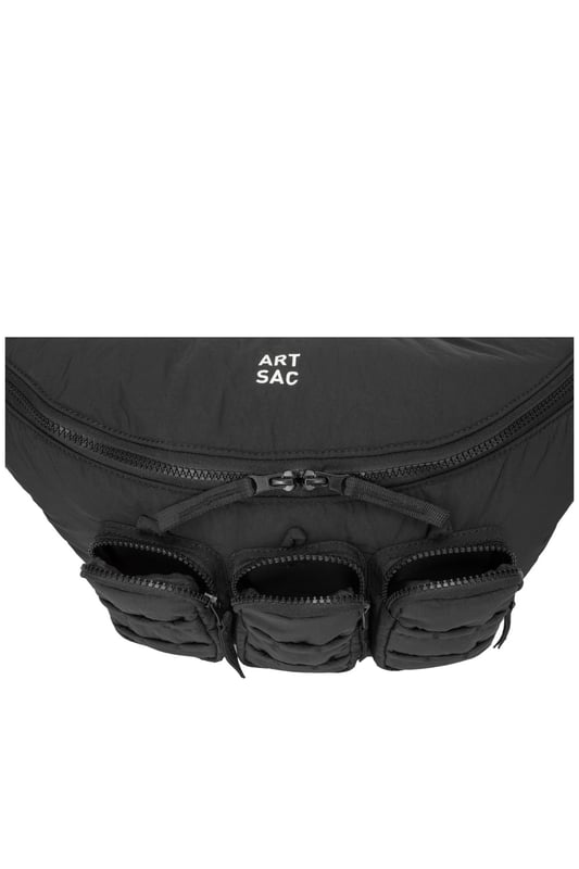 The perfect practial edition to any outfit. This unique triple-pocket design sling bag has enough internal and external space to carry all your every day essentials. Features: , Padded lightweight nylon, Water resistant, Zip top opening to main compartment, ARTSAC screen printed logo, Triple front zip pocket with loops, Internal zip pocket, External rear zip pocket, Top grab handle, 2 Mobile phone internal net pockets, Adjustable shoulder strap allowing backpack styling or bum bag styling Style Ref: 52014 BLACK