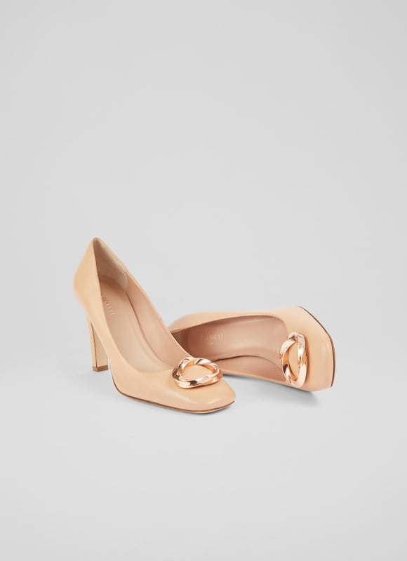 A high-heeled court with chic detailing, our Evelyn courts feel a little dressier than the classic styles. Beautifully-crafted in Italy from buttery camel leather, they have a round toe, a gold eternity ring embellishment - which is exclusive to LKB - a sleek shape and an elegant stiletto heel. Wear them to work or for spring occasions.