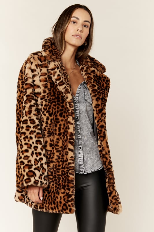 Leopard Print Faux Fur Coat Jacket