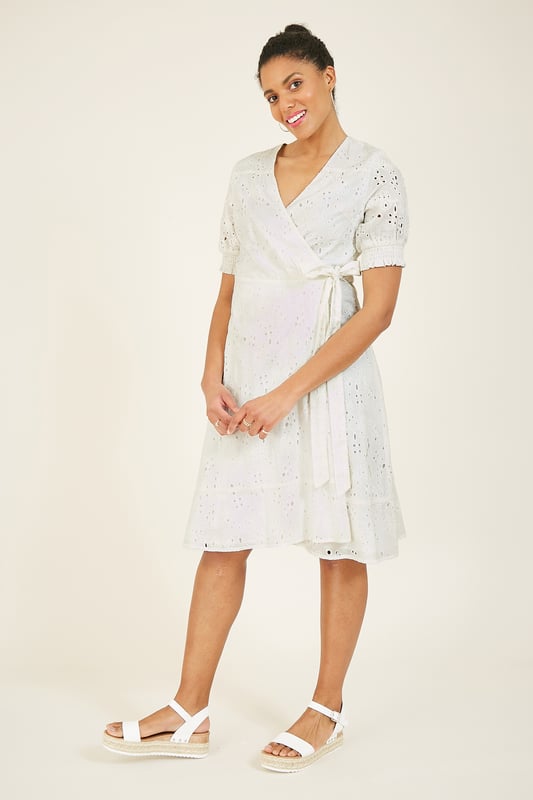 White broderie wrap dress top