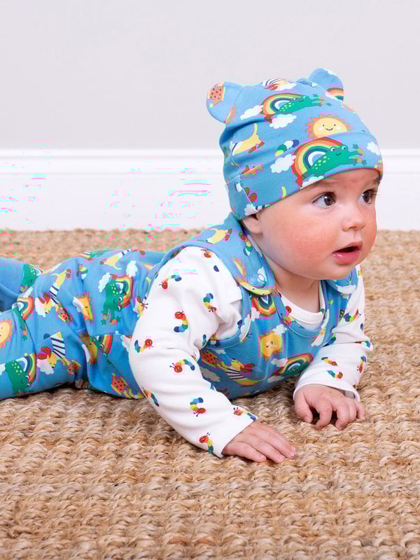 Dungarees: 95% organic cotton 5% elastane Bodysuit: 100% organic cotton | Proud to be certified to the Global Organic Textile Standard (GOTS) | Planet pals all-over print dungarees | Cream rainbow caterpillar bodysuit | Single jersey with a little bit of stretch (180-190 gsm) dungarees and interlock (200-210 gsm) bodysuit | Two-piece set | Dungarees: Popper crotch and shoulder opening and ribbed cuffs | Bodysuit: Envelope neck and long sleeves | Made in Turkey | Machine washable at 40 degrees, or at 30 degrees to be kinder to the planet