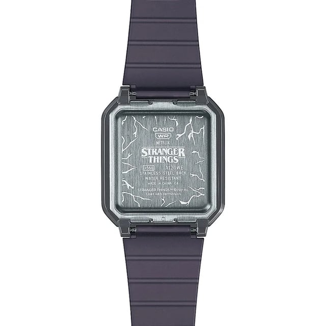 This Casio Casio Collection Vintage Stranger Things Digital Watch for Unisex is the perfect timepiece to wear or to gift. It's Grey  Rectangular case combined with the comfortable Black Plastic watch band will ensure you enjoy this stunning timepiece without any compromise. Operated by a high quality Quartz movement and water resistant to 3 bars, your watch will keep ticking. Step into an alternate dimension with an exclusive Casio collaboration inspired by the global megahit, Stranger Things. This Digital watch has a calendar function: Day-Date , Stop Watch , Alarm and Light High quality 20 cm length and 20 mm width Black Plastic strap with a Buckle Case measurement: 32 X 33 mm,case thickness: 9 mm, case colour: Grey and dial colour: Multicolour
