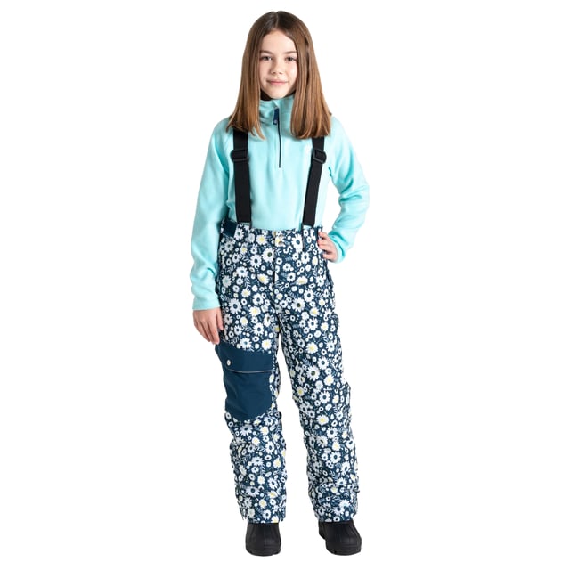100% Recycled Polyester. Pockets: 1 Thigh Pocket, 1 Back Pocket, Flap Closure. Waistline: Adjustable. Adjustable Braces, Articulated Knee, Grow Cuff, Padded, Reflective Detail, Snow Gaiters, Taped Seams. Fabric Technology: ARED 20/30, High Warmth, PFC Free, PFOA Free, PFOS Free, Stretch, Water Repellent, Waterproof. Fastening: Button, Zip Fly. Design: Daisy. Lining: Fleece. Hem: Grow Cuff, Reinforced, Tab Up.