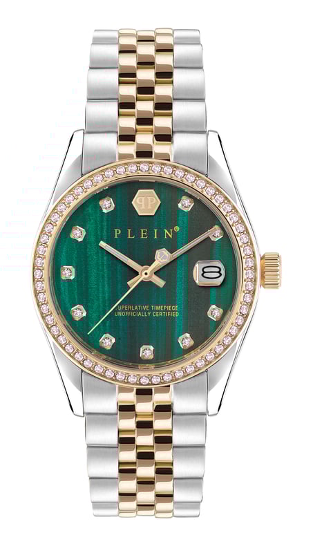This Philipp Plein Date Superlative Analogue Watch for Women is the perfect timepiece to wear or to gift. It's Multicolour 34 mm Round case combined with the comfortable Multicolour Stainless steel watch band will ensure you enjoy this stunning timepiece without any compromise. Operated by a high quality Quartz movement and water resistant to 5 bars, your watch will keep ticking.