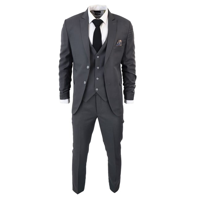Indulge in Classic and Elegant Design with this men's 3-piece suit, featuring a timeless Charcoal color ideal for formal occasions. Product Design Bullet Points:  
Versatile Formal Attire: Suitable for weddings, business events, or special occasions, ensuring a sharp and well-dressed look.
 
Complete 3-Piece Set: Includes a jacket, vest, and trousers for a polished and coordinated outfit.
 
Premium Material: Crafted from high-quality materials for comfort and durability.
 
Tailored Fit: Offers a tailored fit that complements your body shape, enhancing your appearance and confidence.
 
Timeless Charcoal Color: Perfect for a classic and sophisticated look, suitable for various formal settings.  Made from a blend of 65% Polyester and 35% Viscose for a comfortable and stylish finishSizes	Jacket & Trouser Size
36R :	36" (Chest) 30" (Waist)
38R :	38" (Chest) 32" (Waist)
40R :	40" (Chest) 34" (Waist)
42R : 	42" (Chest) 36" (Waist)
44R :	44" (Chest) 38" (Waist)
46R : 	46" (Chest) 40" (Waist)
48R :	48" (Chest) 42" (Waist)
50R :	50" (Chest) 44" (Waist)
52R :	52" (Chest) 46" (Waist)
54R :	54" (Chest) 48" (Waist)