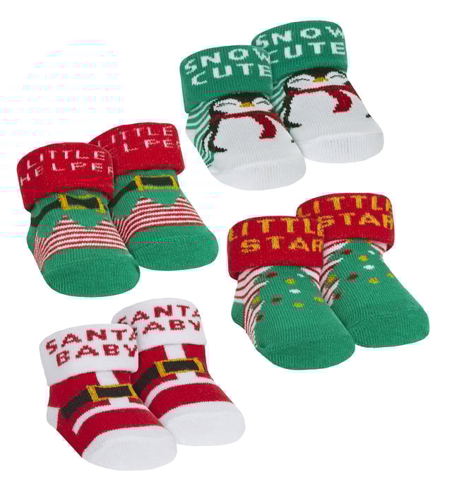 Your baby is the cutest little thing in the entire world. You want their first Christmas to be special, so you need to keep them safe and snug. These baby socks are soft, fluffy and cosy and perfect for keeping your little one warm during the holidays. They come with 4 festive designs per pack: Santa Claus, Penguins, Elves & Xmas Trees all with cute phrases on each which include: “Santa Baby”, “Snow Cute”, “Little Helper” & “Little Star”. These Xmas Socks are the ideal gift or even stocking filler for the festive season. They’ll be sure to love them brightening up their feet. They also come in a festive gift bag making them a perfect Xmas gift idea! They're made from soft and comfy material that's sure to keep those toes nice and warm. And best of all? They're machine washable, so you can keep them looking pristine throughout the whole season! These socks come in packs of 4 with cute festive patterns. They’re made from 70% Cotton, 23% Polyester, 5% Elastane & 2% Metalised Fibres, are available in 2 Babies Sizes: 0-6 & 6-12 Months, they are machine washable.