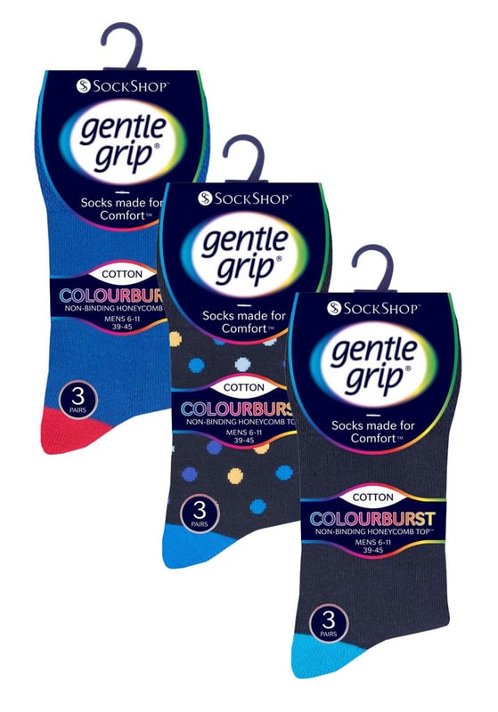 If you're looking to add some fun and colour to your wardrobe, look no further than Gentle Grip's 9 Pair Value Pack of Socks. The pack includes 9 pairs of socks with a choice of plain and funky patterns like, Argyle, Colourburst, Heel & Toe and more! This high quality collection of designs is as good as they feel too, made from soft and comfortable cotton rich yarn. All SockShop Gentle Grip socks are built to take care of your legs, comfortably moulded to their natural contours without leaving any of these constriction rings. These socks feature the Gentle Grip Honeycomb Top which helps aid circulation which makes them extremely comfortable to wear, especially if you struggle with circulatory problems, swollen legs, ankles and feet. They have been designed with care so that they will last for years to come. With the soft grip non elastic tops that do not fall off during wear helps avoid restriction and pressure hotspots. The flat seamed toes for extra wearability will make sure your feet stay comfortable all day long whether you're going out on the town or simply relaxing at home. These are Men’s One Size: 6-11 UK, come in a range of great patterns and are a 9 pair value pack. They are made from: 76% Cotton, 19% Polyester, 3% Nylon, 2% Elastane and are Machine Washable.