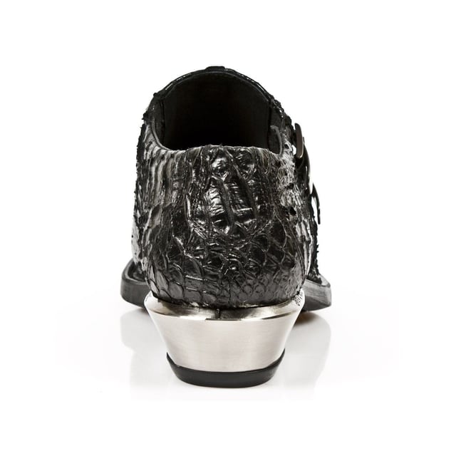 Part of the iconic West collection, these shoes pair the formal dress silhouette with a retro Western design that results in a truly unique and stylish piece. The shoe is made eye catching by the introduction of a snakeskin textured upper which highlights the prestigious quality of the cow hide leather New Rock uses here. For added character, metallic features are implemented at the straps in the form of buckles and at the heel where steel is used to create a dazzling appearance. , Heel Height - 4cm, Platform Height - 1cm, Shaft Height - 7cm, Outer Material - Cow Hide Leather