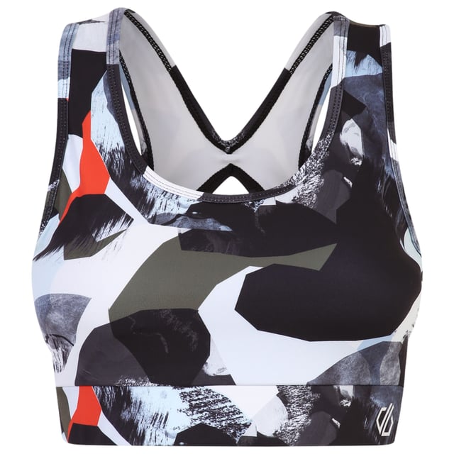 82% Recycled Polyester, 18% Elastane. Fabric: Jersey, Q-Wic, Soft Touch. Design: Abstract, Logo. Fabric Technology: Moisture Wicking. Back Style: Cut Out. Low Impact, Removable Bust Pads. Sustainability: Made from Recycled Materials. Neckline: Scoop.