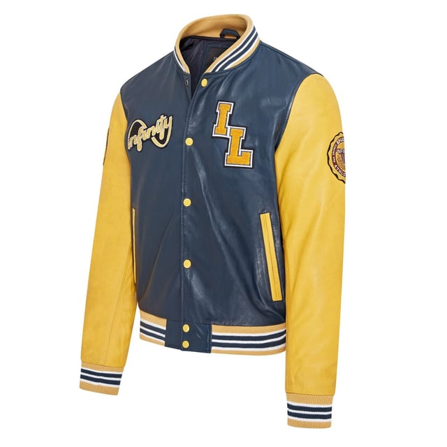Introducing the Men's Baseball Leather Jacket, a perfect blend of classic varsity style and modern craftsmanship. This letterman bomber jacket features contrasting sleeves and a striped knit ribbed collar, waistband, and cuffs for a timeless athletic look. The press studs front closure and embroidered brand logo patches on the chest and sleeves add a touch of authenticity and flair. Designed with practicality in mind, it includes two jet pockets at the waist and two inside welt pockets for your essentials. The panelling to the back of the jacket ensures a tailored fit and superior comfort.

Contrasting sleeves for a stylish look
Striped knit ribbed collar, waistband, and cuffs for a classic finish
Press studs front closure for easy wear
Embroidered brand logo patches on the chest and sleeves for added detail
Two jet pockets at the waist and two inside welt pockets for convenience