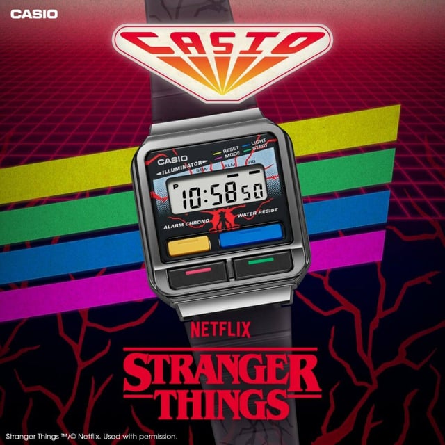 This Casio Casio Collection Vintage Stranger Things Digital Watch for Unisex is the perfect timepiece to wear or to gift. It's Grey  Rectangular case combined with the comfortable Black Plastic watch band will ensure you enjoy this stunning timepiece without any compromise. Operated by a high quality Quartz movement and water resistant to 3 bars, your watch will keep ticking. Step into an alternate dimension with an exclusive Casio collaboration inspired by the global megahit, Stranger Things. This Digital watch has a calendar function: Day-Date , Stop Watch , Alarm and Light High quality 20 cm length and 20 mm width Black Plastic strap with a Buckle Case measurement: 32 X 33 mm,case thickness: 9 mm, case colour: Grey and dial colour: Multicolour