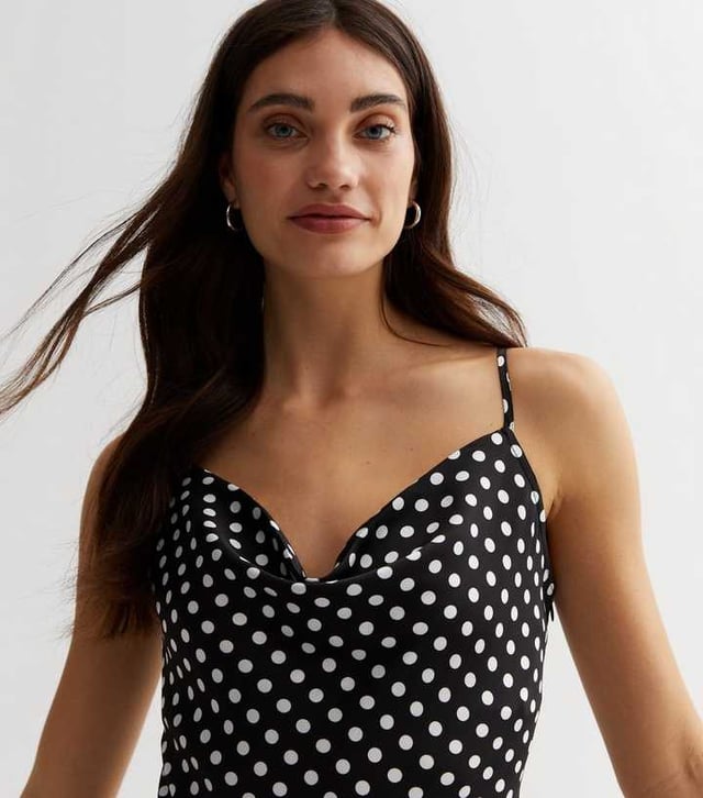 knee length dresses for ladies Zara Black White Silk Satin Polka Dots Cowl Neck Cami Slip Midi Dress – Brie