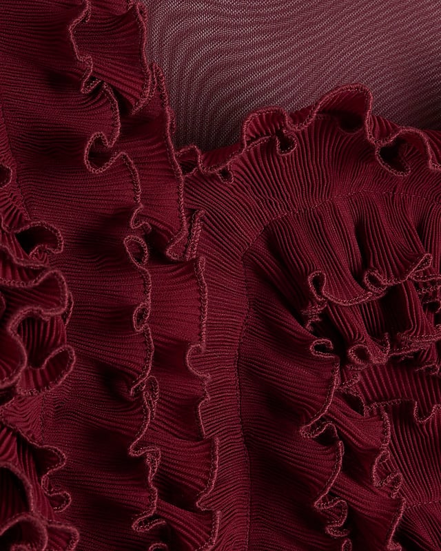 Mesh fabric, Frill detail on body, Crew neckline, Long sleeve