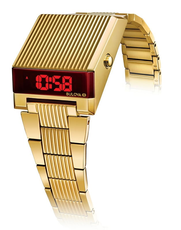 This Bulova Computron Digital Watch for Men is the perfect timepiece to wear or to gift. It's Gold  Rectangular case combined with the comfortable Gold Stainless steel watch band will ensure you enjoy this stunning timepiece without any compromise. Operated by a high quality Quartz movement and water resistant to 3 bars, your watch will keep ticking. Infusing some of Bulova’s most iconic and nostalgic timepieces with modern elements, the Archive Series continues with the digital LED Computron -The watch has a calendar function: Day-Date, Dual Time High quality 21 cm length and 22 mm width Gold Stainless steel strap with a Fold over with push button clasp Case measurement: 31x35 mm,case thickness: 13 mm, case colour: Gold and dial colour: Black