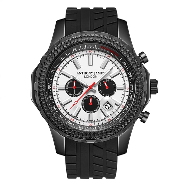Este reloj de hombre, Anthony James Edición Limitada Chronograph Dashboard White, ensamblado a mano, cuenta con un Movimiento de Cronógrafo de Cuarzo, que hace girar las manecillas luminosas sobre los índices a juego, al mismo tiempo que alimenta los contadores de Segundos, Minutos y 24 Horas del panel de control. Estos se presentan sobre la esfera de un blanco estelar. Rodeando esto, el bisel del Tachímetro coincide con el tema del reloj, permitiendo al portador medir la velocidad de distancia basada en el tiempo y la distancia recorrida. La pulsera de silicona negro pizarra proporciona un atractivo deportivo, y el fondo de caja de acero inoxidable grabado con el logo de Anthony James completa la pieza. Especificaciones del Modelo 
• Movimiento de Cronógrafo de Cuarzo 
• Bisel de Tachímetro 
• Esfera Blanca 
• Caja Negra 
• Manecillas Luminiscentes 
• Contadores de Segundos, Minutos y 24 Horas 
• Pulsera de Silicona Negra 
• Fondo de Caja de Acero Inoxidable Grabado con Logo 
• Caja IP Negra  

• Analógico de 12 Horas 
• Resistente al Agua 30M 
• Vidrio Mineral Resistente a Rayones 
• Garantía de 5 Años 
• Chapado IP Libre de Níquel y Hipoalergénico 

• Dimensiones del Reloj 
• Diámetro de la Caja 47 mm 
• Grosor de la Caja 15 mm 
• Ancho de Asa 22 mm 
• Ancho de Pulsera 22 mm 
• Longitud de Pulsera 200 mm 
• Peso 110 g