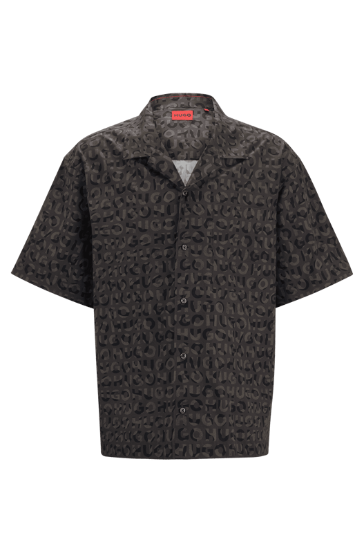 short sleeve shirt - reverse lapels - button closure - poplin - allover print - tag print - animal metal stacked logo - small metal stacked HUGO logo - RESPONSIBLE.A statement shirt in an oversized fit by HUGO Menswear. Designed in breathable cotton poplin  this short-sleeved piece is printed with a seasonal motif.