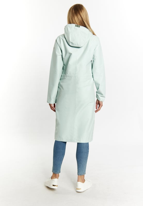 Of je nu te voet of op de fiets bent, met deze regenjas van Schmuddelwedda blijf je over de hele lengte droog. Hiervoor zorgt een fluweelzacht, gerecycled polyestermateriaal dat de binnenkant droog houdt dankzij de coating en gesealde naden. De verstelbare capuchon, een hoge opstaande kraag, de verborgen ritssluiting en een taillekoord zijn eersteklas bondgenoten. De spleten met drukknopen aan de zijkanten zorgen voor de nodige beenruimte.  Mackintosh