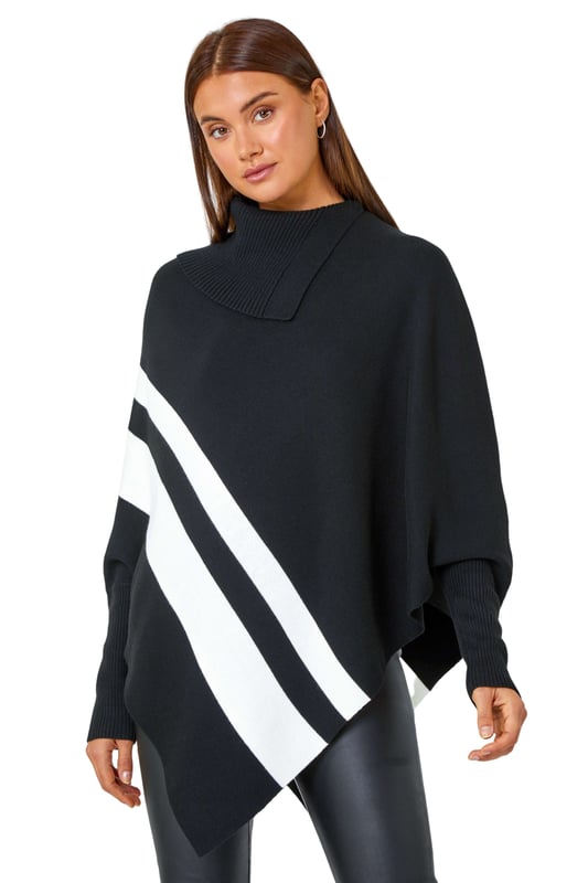 Roll Neck Wool Blend Stripe Poncho from Roman. Add some interesting knits to your collection this season with this asymmetric, stripe print poncho. Cut from a soft, wool-blend knit, this piece features a cosy roll neck and full-length sleeves. Adorned in a bold stripe print this poncho will make a seasonal statement this Autumn. Pair with leather trousers and boots for an on-trend, everyday style perfect for Christmas markets and cosy days out!