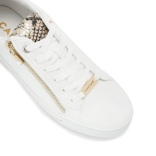 The Carvela Diamond Zip trainer features a white upper with snake printed panels. The front laces up with gold tone tabs across the lace up front and foil embossed branding on the tongue.