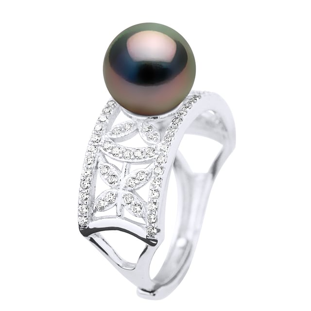 Ringsmycke - Äkta odlad TAHITI-pärla rund 9-10 mm - Smycke Paving Cubic Zirconia Silver 925 Rhodiumpläterad - Storlek justerbar från storlek 48 till storlek 62 - Levereras i låda och med sitt äkthetscertifikat och internationella garanti - MADE IN FRANCE